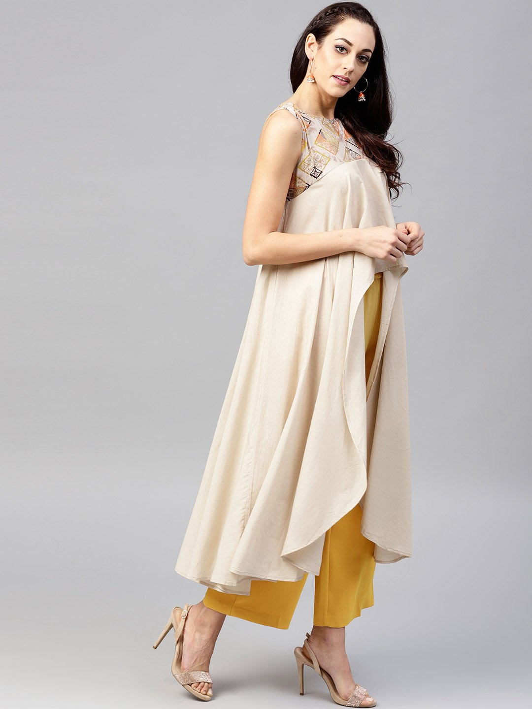 Beige Asymmetric Sleeveless Tunic With Round Neck | LASVINI - Redefining Indian Fashion with Elegance