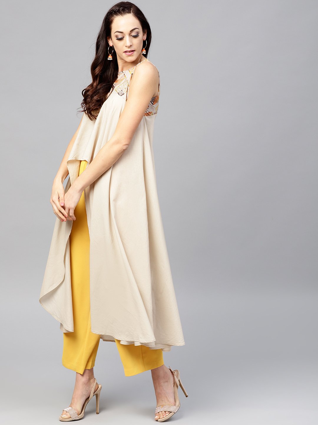 Beige Asymmetric Sleeveless Tunic With Round Neck | LASVINI - Redefining Indian Fashion with Elegance