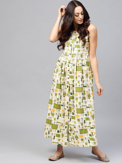 White Printed Sleeveless Dress With Front Placket And Round Neck | LASVINI - Redefining Indian Fashion with Elegance