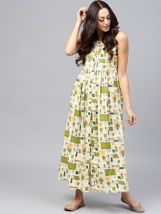 White Printed Sleeveless Dress With Front Placket And Round Neck | LASVINI - Redefining Indian Fashion with Elegance