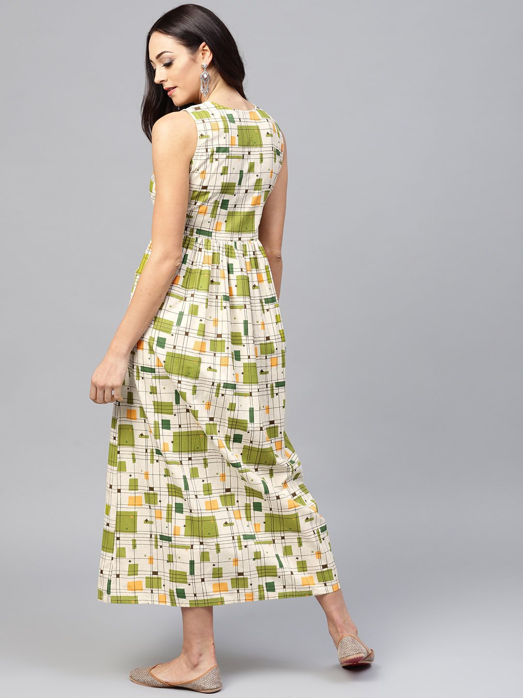 White Printed Sleeveless Dress With Front Placket And Round Neck | LASVINI - Redefining Indian Fashion with Elegance