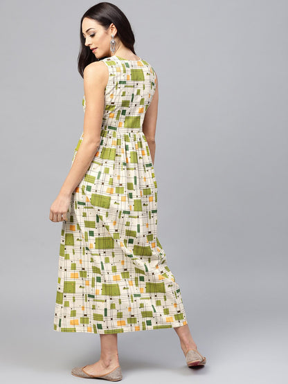 White Printed Sleeveless Dress With Front Placket And Round Neck | LASVINI - Redefining Indian Fashion with Elegance