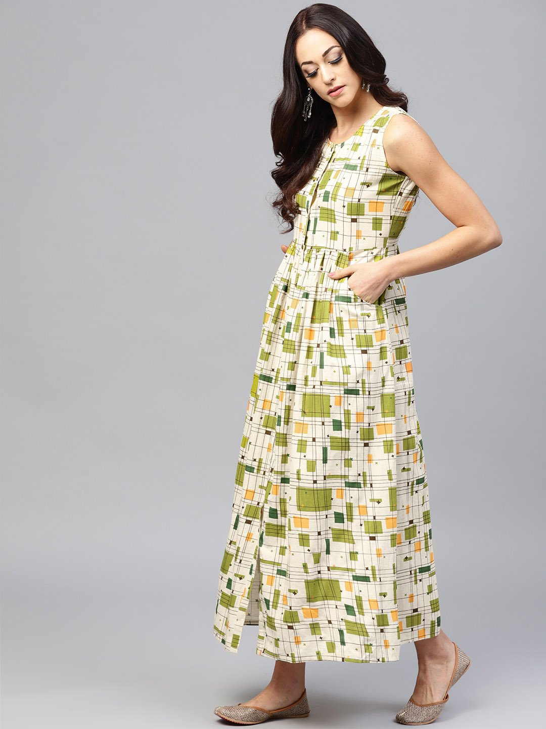 White Printed Sleeveless Dress With Front Placket And Round Neck | LASVINI - Redefining Indian Fashion with Elegance