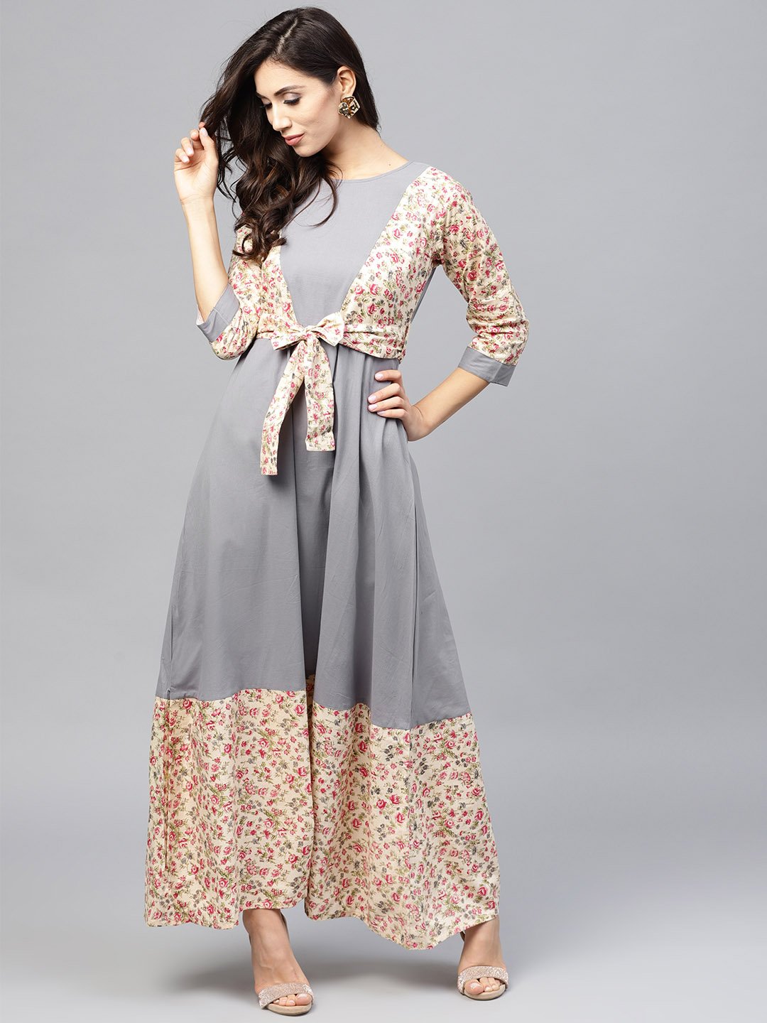 Grey A-Line Dress With Round Neck And 3/4 Sleeves | LASVINI - Redefining Indian Fashion with Elegance