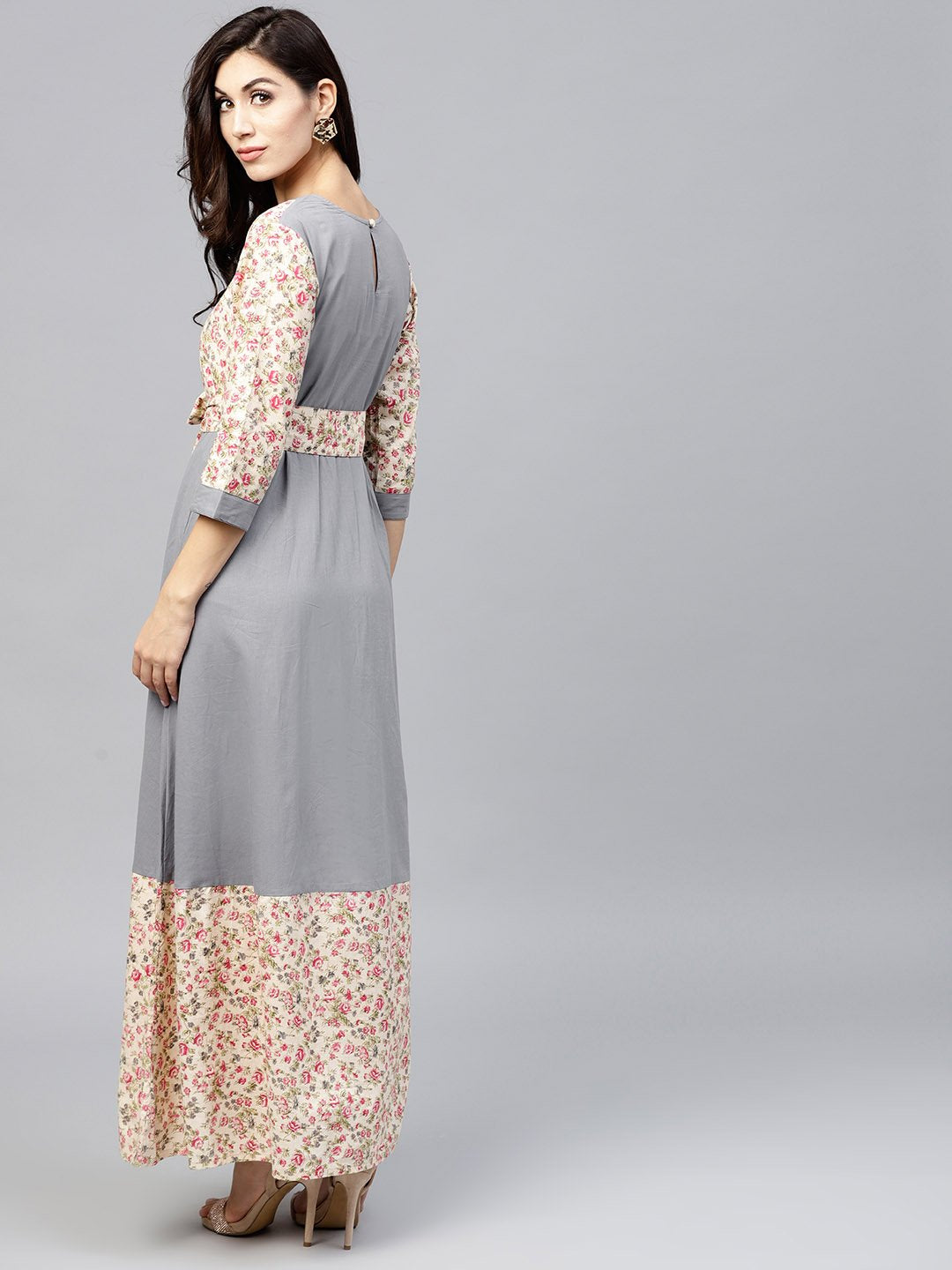 Grey A-Line Dress With Round Neck And 3/4 Sleeves | LASVINI - Redefining Indian Fashion with Elegance