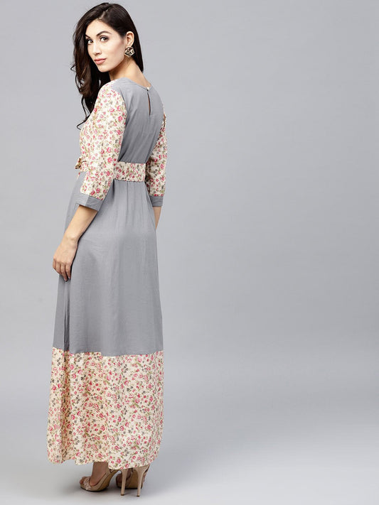 Grey A-Line Dress With Round Neck And 3/4 Sleeves | LASVINI - Redefining Indian Fashion with Elegance