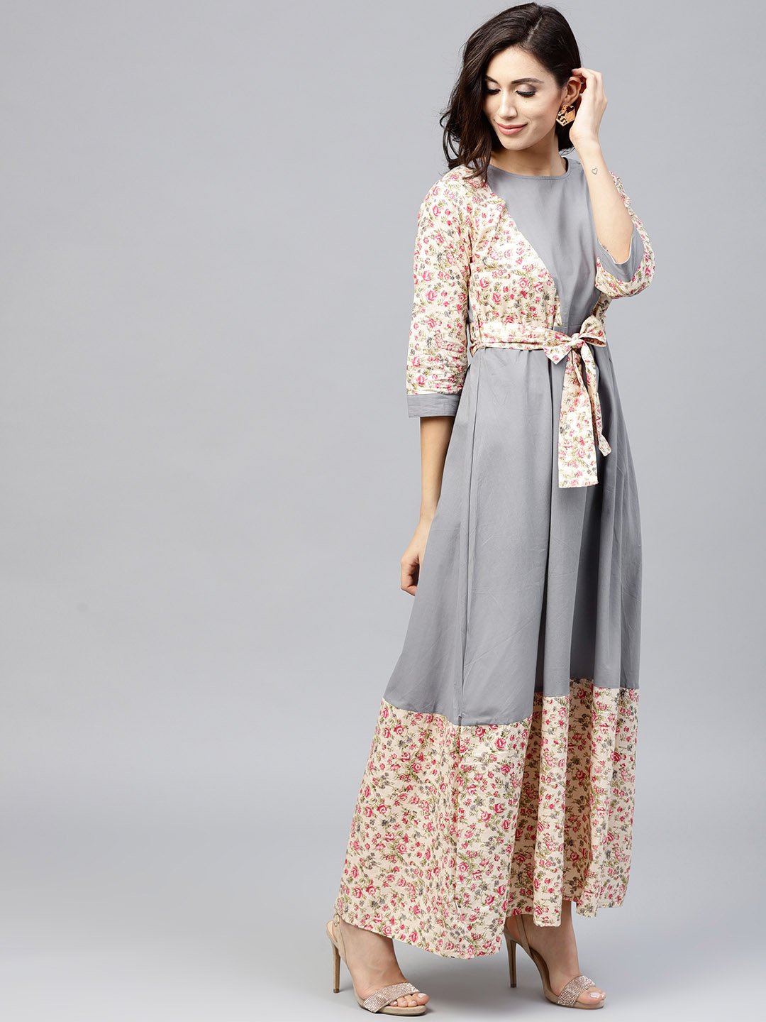 Grey A-Line Dress With Round Neck And 3/4 Sleeves | LASVINI - Redefining Indian Fashion with Elegance