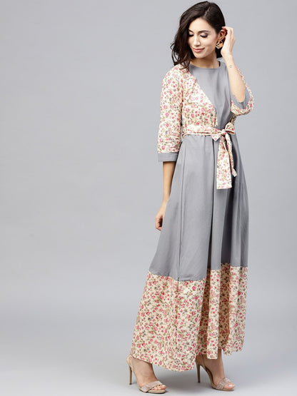 Grey A-Line Dress With Round Neck And 3/4 Sleeves | LASVINI - Redefining Indian Fashion with Elegance