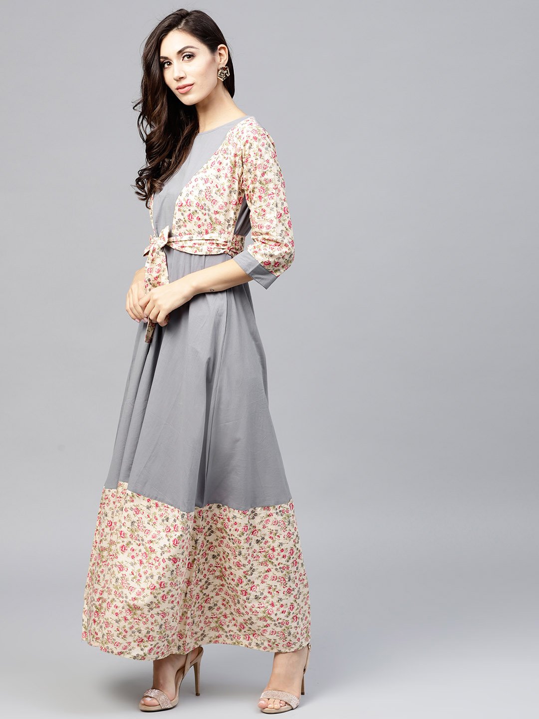 Grey A-Line Dress With Round Neck And 3/4 Sleeves | LASVINI - Redefining Indian Fashion with Elegance