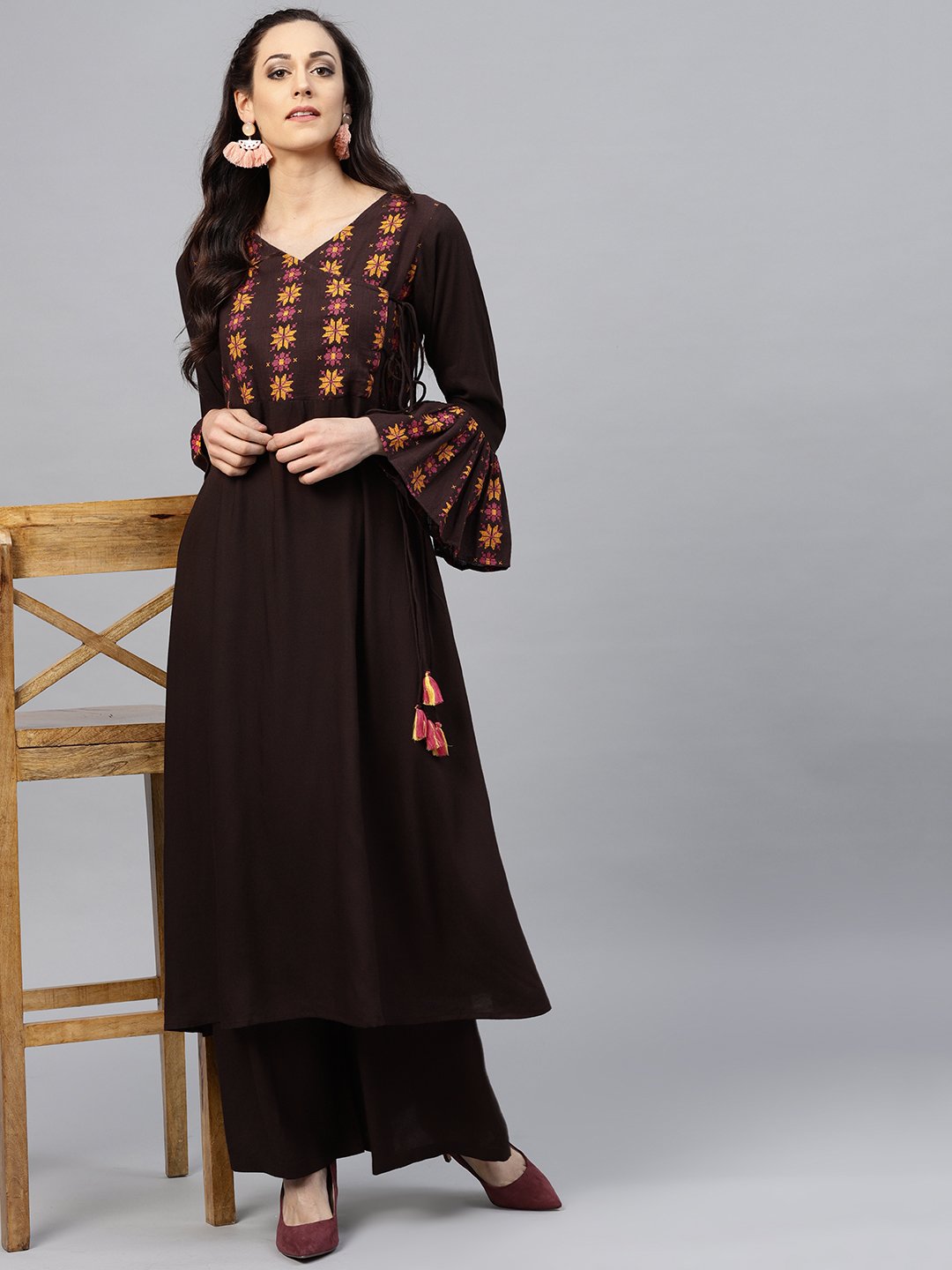 Coffee Brown Yoke Printed 3/4 Sleeve Cotton Kurta With Ankle Length Palazzo | LASVINI - Redefining Indian Fashion with Elegance