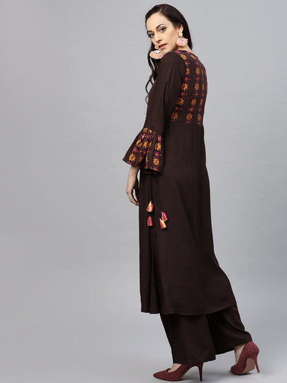 Coffee Brown Yoke Printed 3/4 Sleeve Cotton Kurta With Ankle Length Palazzo | LASVINI - Redefining Indian Fashion with Elegance