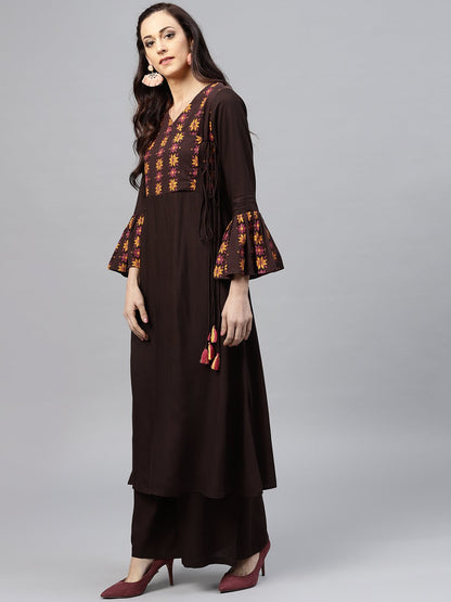 Coffee Brown Yoke Printed 3/4 Sleeve Cotton Kurta With Ankle Length Palazzo | LASVINI - Redefining Indian Fashion with Elegance