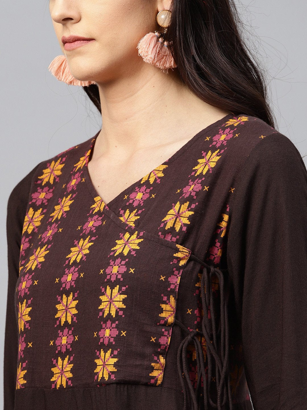Coffee Brown Yoke Printed 3/4 Sleeve Cotton Kurta With Ankle Length Palazzo | LASVINI - Redefining Indian Fashion with Elegance