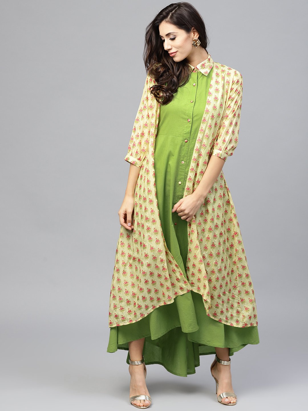 Pastel Green Maxi Dress With Detached Floral Jacket And Shirt Collar | LASVINI - Redefining Indian Fashion with Elegance
