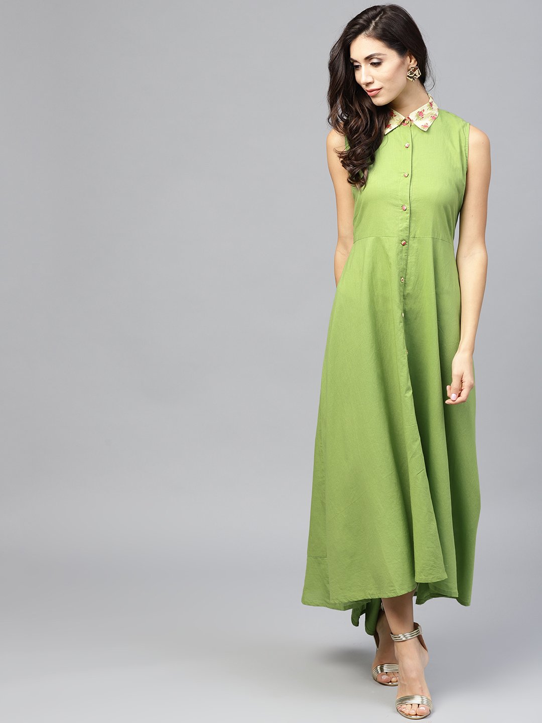 Pastel Green Maxi Dress With Detached Floral Jacket And Shirt Collar | LASVINI - Redefining Indian Fashion with Elegance