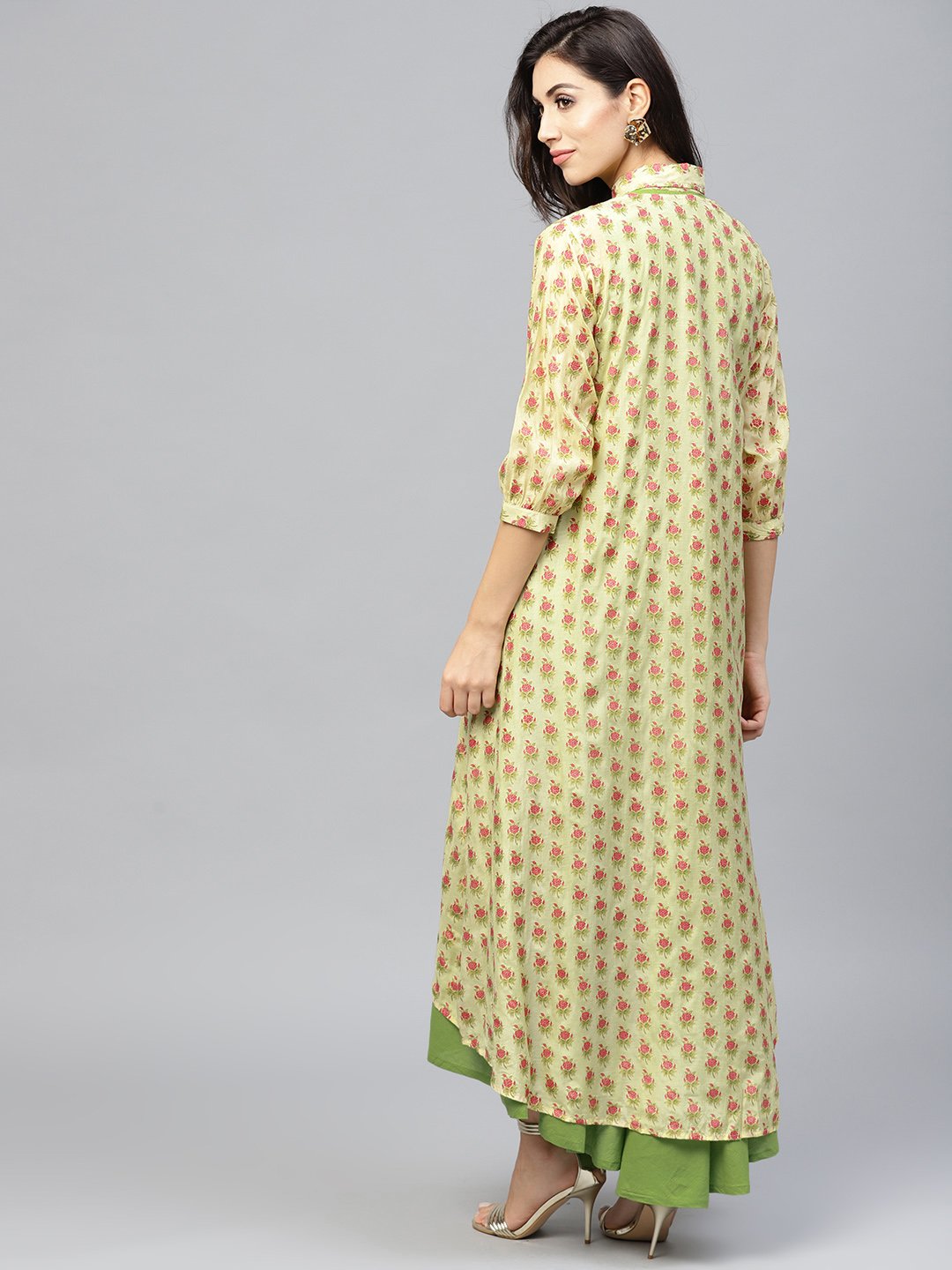Pastel Green Maxi Dress With Detached Floral Jacket And Shirt Collar | LASVINI - Redefining Indian Fashion with Elegance