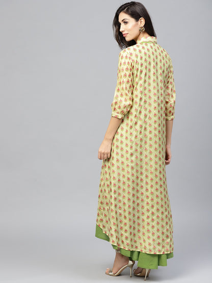 Pastel Green Maxi Dress With Detached Floral Jacket And Shirt Collar | LASVINI - Redefining Indian Fashion with Elegance
