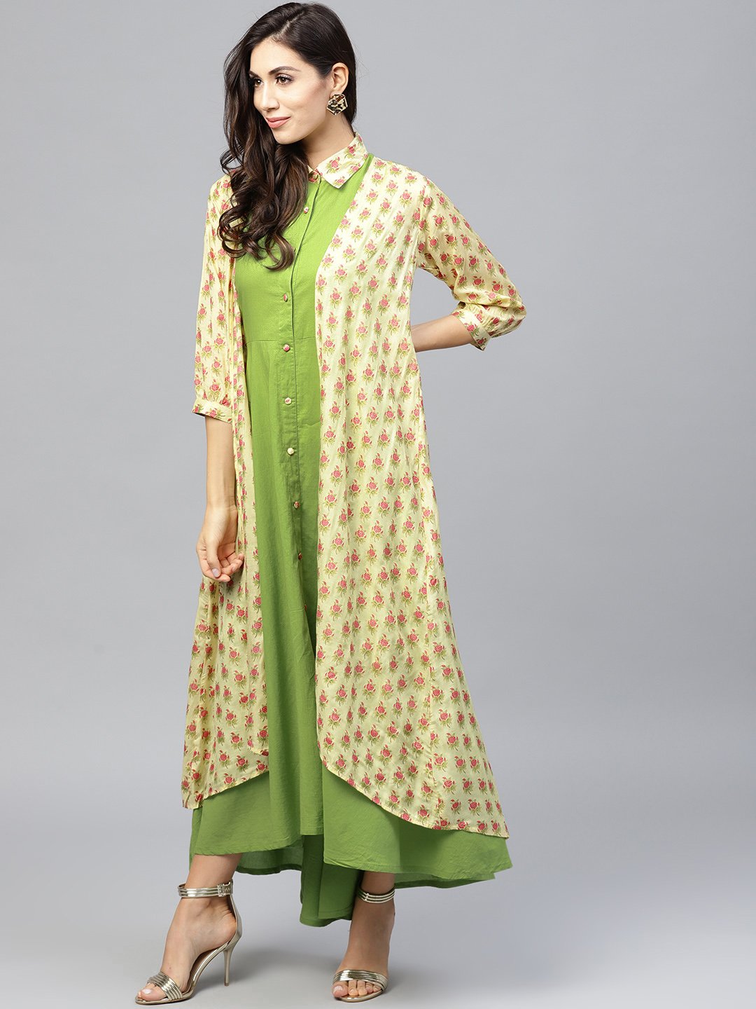 Pastel Green Maxi Dress With Detached Floral Jacket And Shirt Collar | LASVINI - Redefining Indian Fashion with Elegance