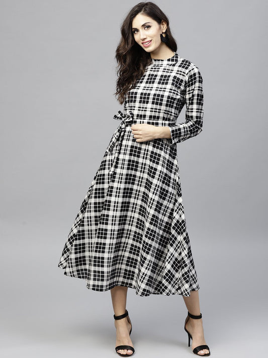 Black & White Checked Dress With Roll Collar And 3/4 Sleeves | LASVINI - Redefining Indian Fashion with Elegance