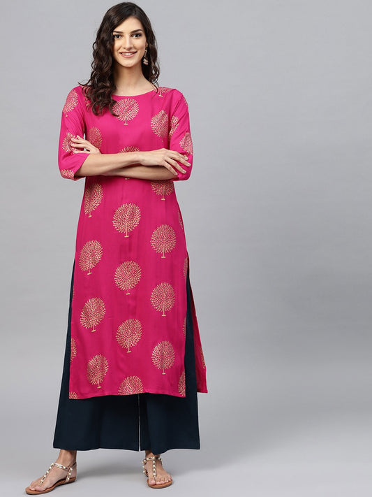 Magenta Printed Kurta Set With Navy Blue Palazzo | LASVINI - Redefining Indian Fashion with Elegance