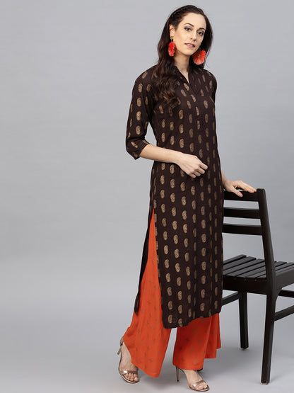 Dark Brown Printed Kurta Set With Orange Printed Palazzo | LASVINI - Redefining Indian Fashion with Elegance