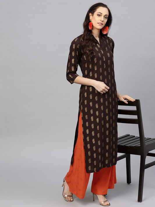 Dark Brown Printed Kurta Set With Orange Printed Palazzo | LASVINI - Redefining Indian Fashion with Elegance