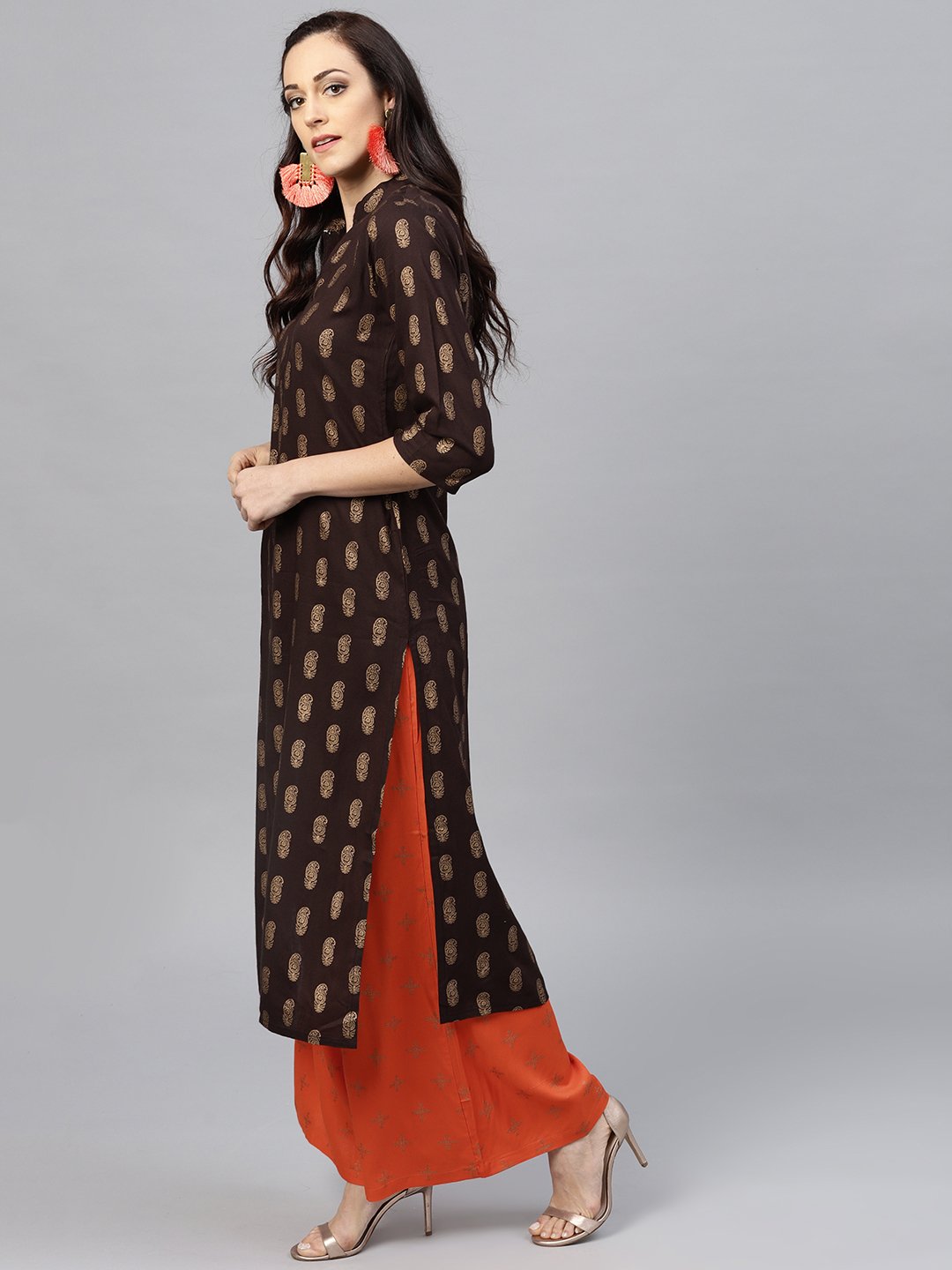 Dark Brown Printed Kurta Set With Orange Printed Palazzo | LASVINI - Redefining Indian Fashion with Elegance