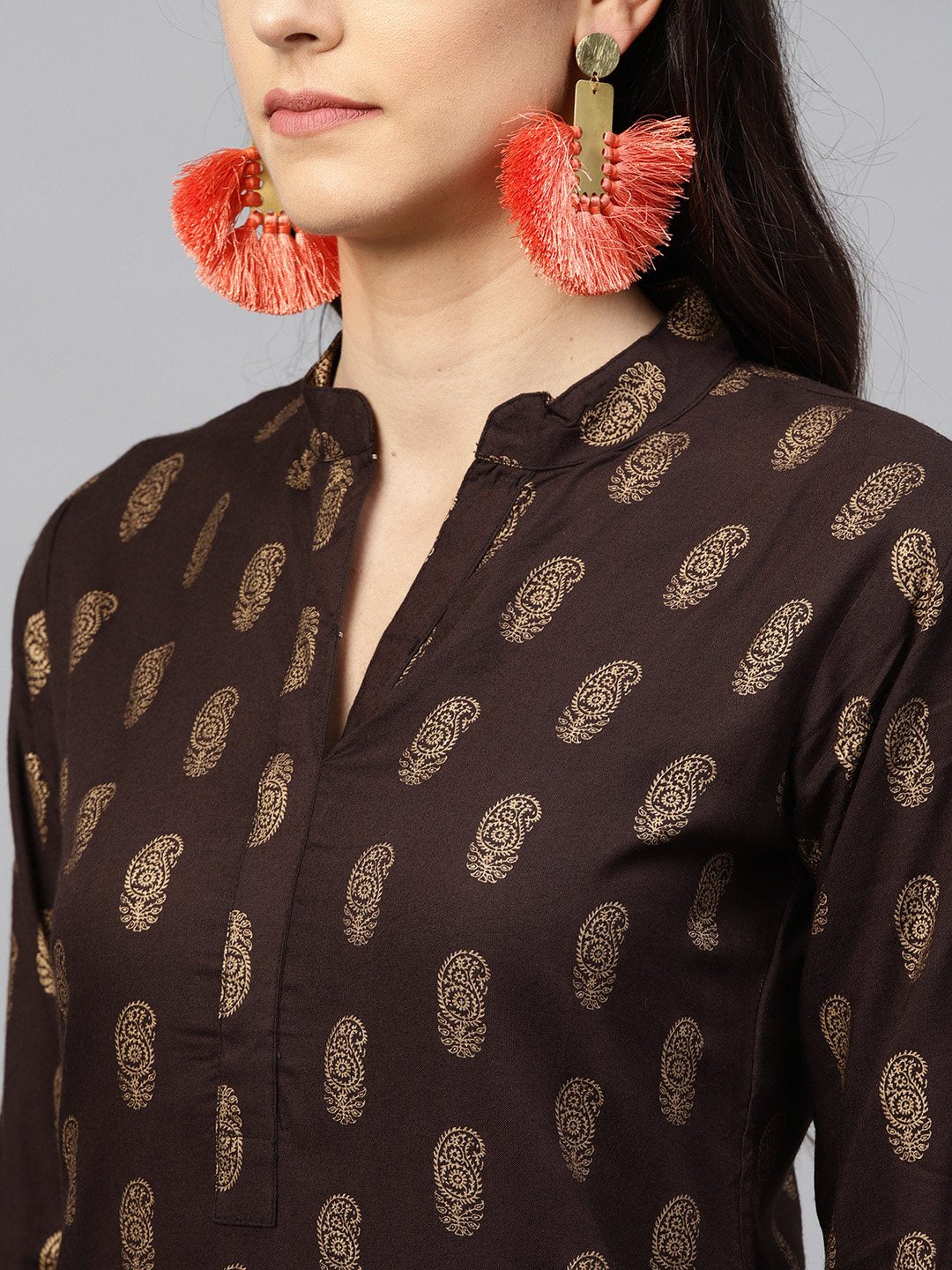 Dark Brown Printed Kurta Set With Orange Printed Palazzo | LASVINI - Redefining Indian Fashion with Elegance