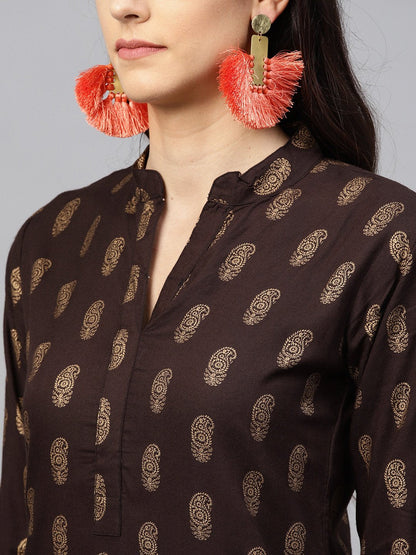 Dark Brown Printed Kurta Set With Orange Printed Palazzo | LASVINI - Redefining Indian Fashion with Elegance