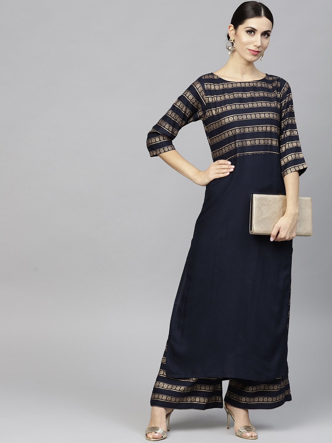 Navy Blue Gold Printed 3/4Th Sleeve Cotton Kurta With Ankle Length Palazzo | LASVINI - Redefining Indian Fashion with Elegance