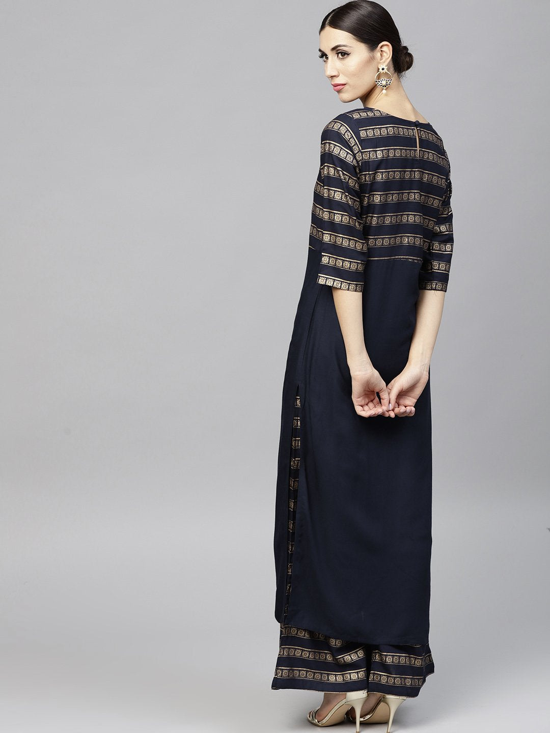 Navy Blue Gold Printed 3/4Th Sleeve Cotton Kurta With Ankle Length Palazzo | LASVINI - Redefining Indian Fashion with Elegance