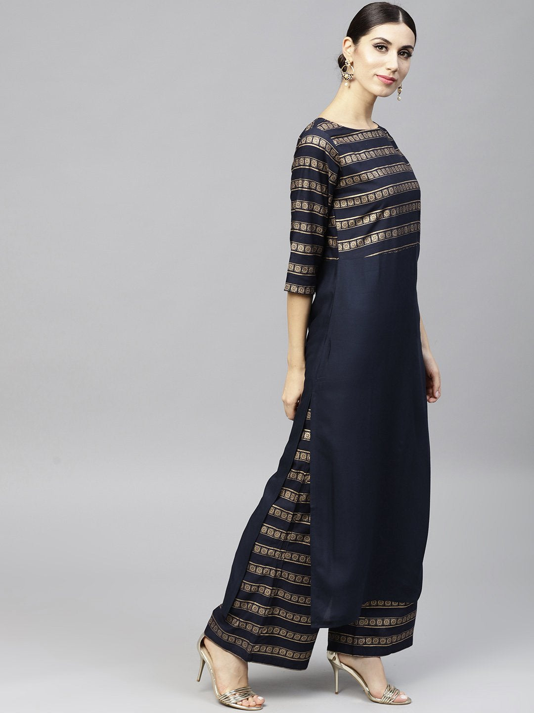 Navy Blue Gold Printed 3/4Th Sleeve Cotton Kurta With Ankle Length Palazzo | LASVINI - Redefining Indian Fashion with Elegance