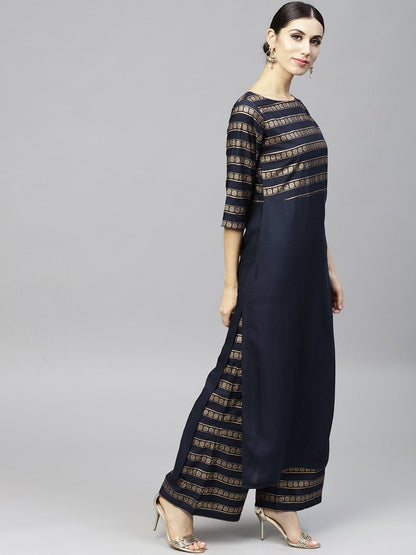 Navy Blue Gold Printed 3/4Th Sleeve Cotton Kurta With Ankle Length Palazzo | LASVINI - Redefining Indian Fashion with Elegance