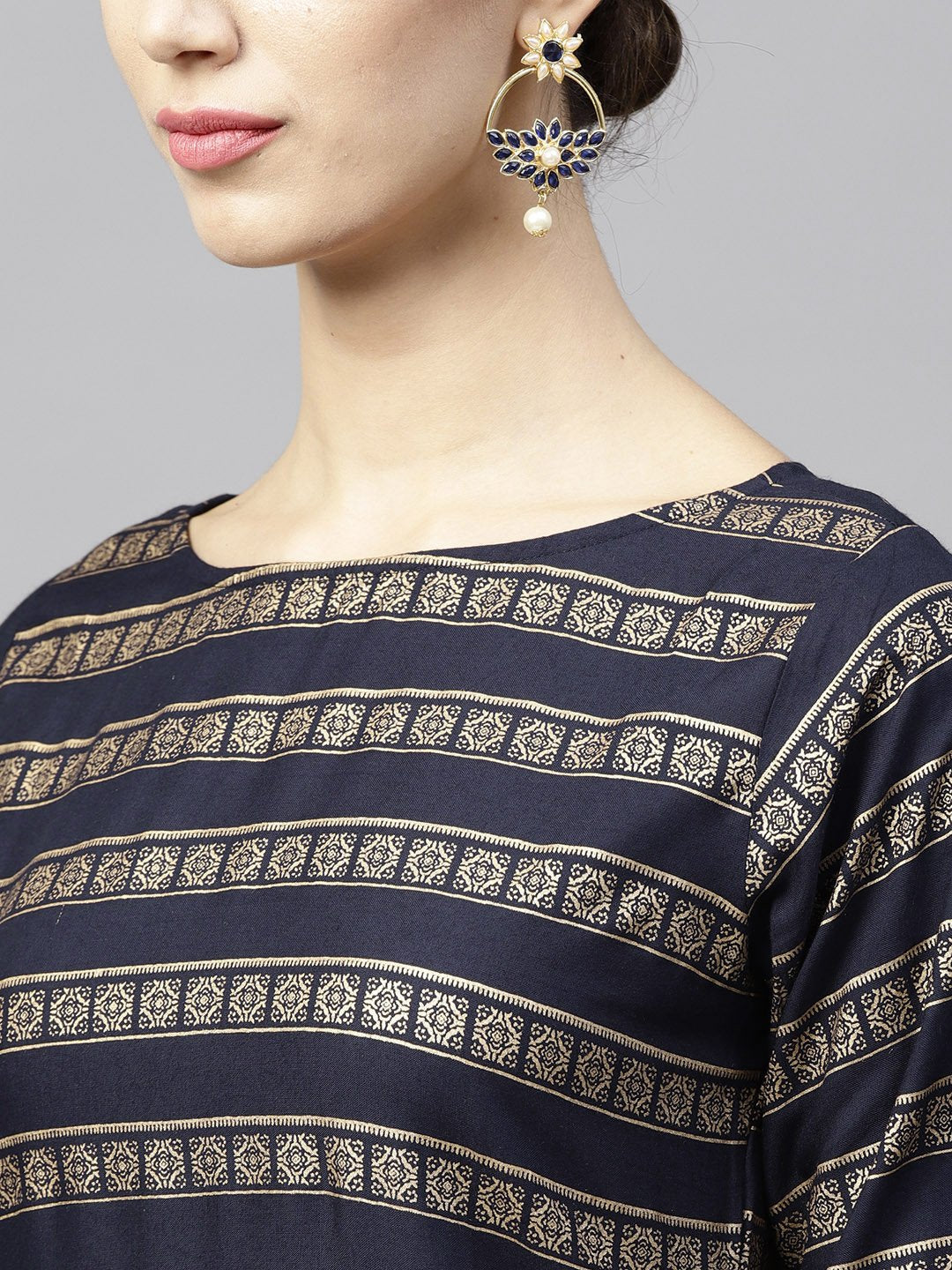 Navy Blue Gold Printed 3/4Th Sleeve Cotton Kurta With Ankle Length Palazzo | LASVINI - Redefining Indian Fashion with Elegance