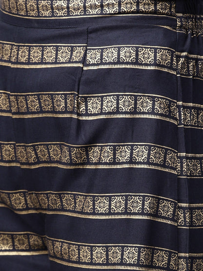Navy Blue Gold Printed 3/4Th Sleeve Cotton Kurta With Ankle Length Palazzo | LASVINI - Redefining Indian Fashion with Elegance