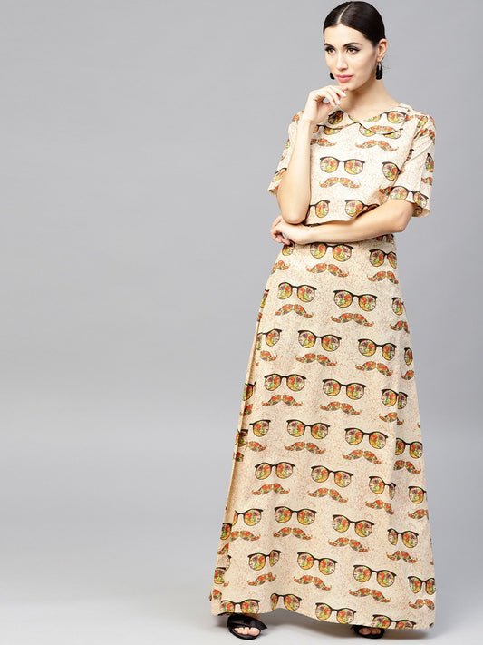 Beige Printed Peter Pan Collar Blouse With Floor Length Flared Ion Skirt | LASVINI - Redefining Indian Fashion with Elegance