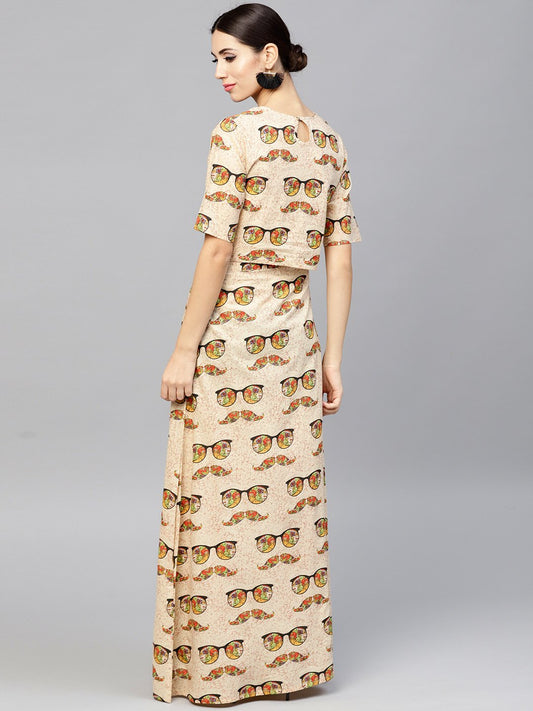Beige Printed Peter Pan Collar Blouse With Floor Length Flared Ion Skirt | LASVINI - Redefining Indian Fashion with Elegance