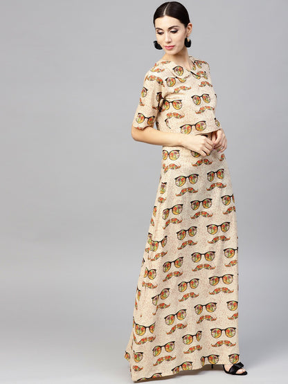 Beige Printed Peter Pan Collar Blouse With Floor Length Flared Ion Skirt | LASVINI - Redefining Indian Fashion with Elegance