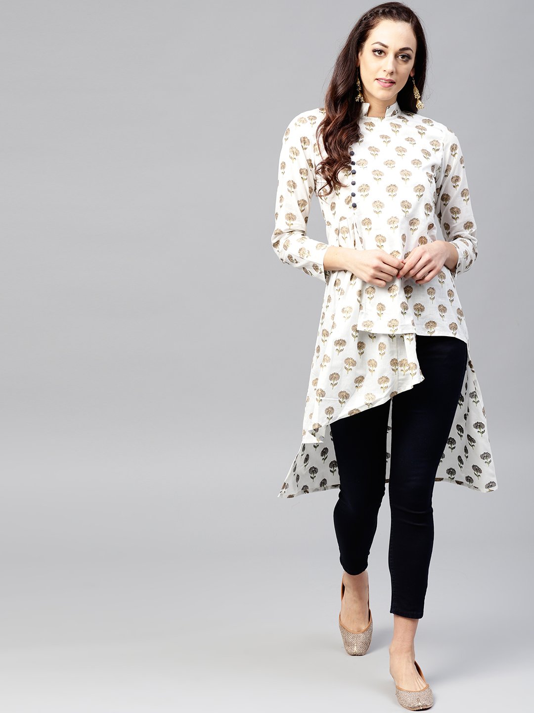 White Asymetric Printed Tunic With Madarin Collar And 3/4 Sleeves | LASVINI - Redefining Indian Fashion with Elegance