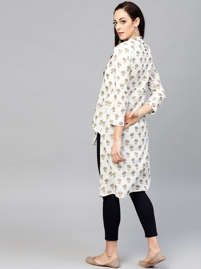 White Asymetric Printed Tunic With Madarin Collar And 3/4 Sleeves | LASVINI - Redefining Indian Fashion with Elegance