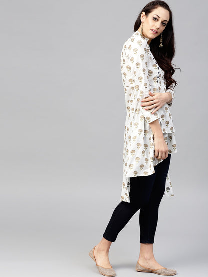 White Asymetric Printed Tunic With Madarin Collar And 3/4 Sleeves | LASVINI - Redefining Indian Fashion with Elegance