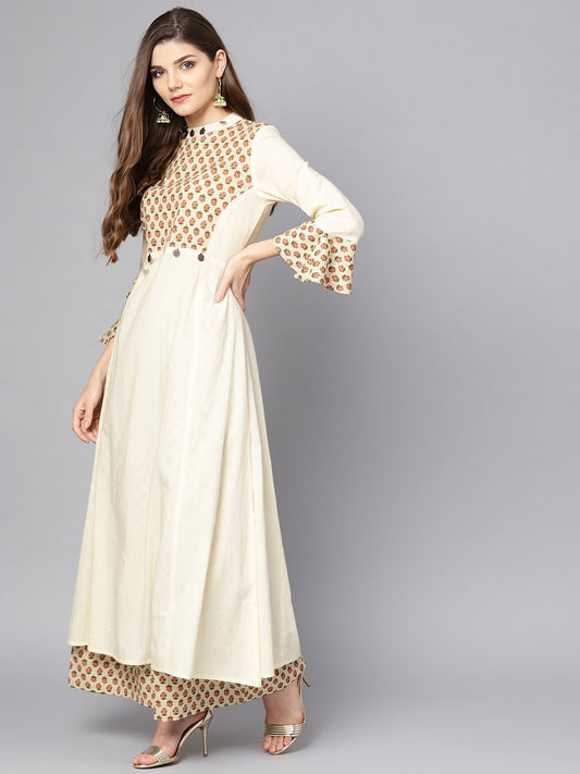 Cream Printed Front Yoke Kurta  Set  With Palazzo | LASVINI - Redefining Indian Fashion with Elegance