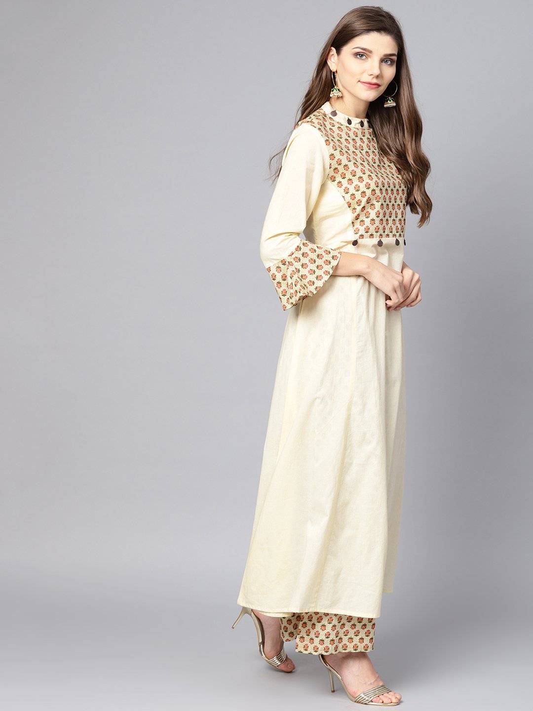 Cream Printed Front Yoke Kurta  Set  With Palazzo | LASVINI - Redefining Indian Fashion with Elegance