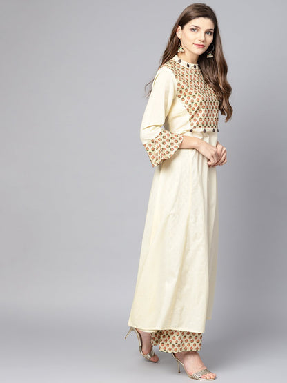 Cream Printed Front Yoke Kurta  Set  With Palazzo | LASVINI - Redefining Indian Fashion with Elegance