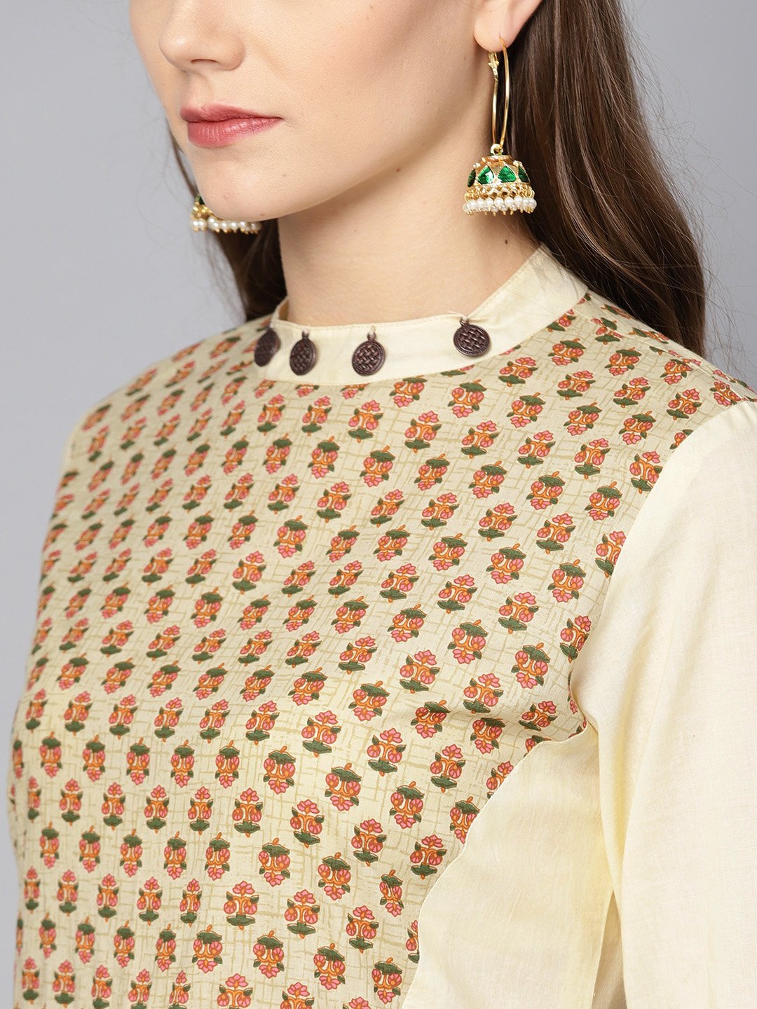 Cream Printed Front Yoke Kurta  Set  With Palazzo | LASVINI - Redefining Indian Fashion with Elegance