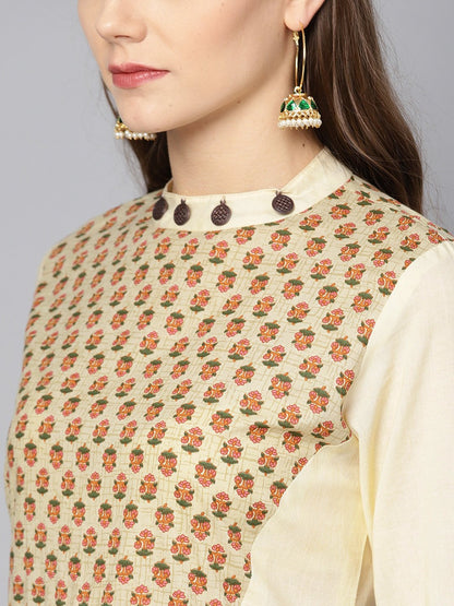 Cream Printed Front Yoke Kurta  Set  With Palazzo | LASVINI - Redefining Indian Fashion with Elegance