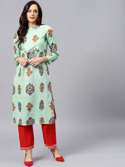 Green Printed Kurta With Boat Neck And Full Sleeves | LASVINI - Redefining Indian Fashion with Elegance