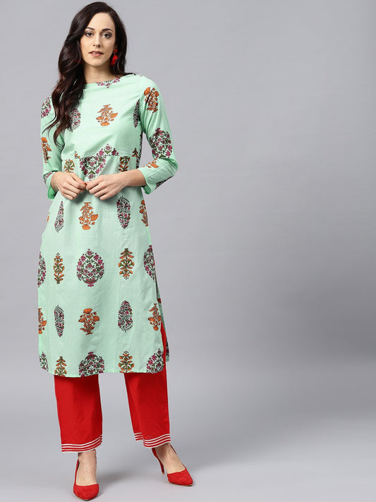 Green Printed Kurta With Boat Neck And Full Sleeves | LASVINI - Redefining Indian Fashion with Elegance