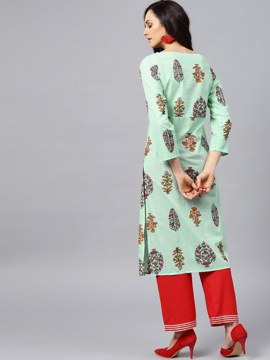 Green Printed Kurta With Boat Neck And Full Sleeves | LASVINI - Redefining Indian Fashion with Elegance