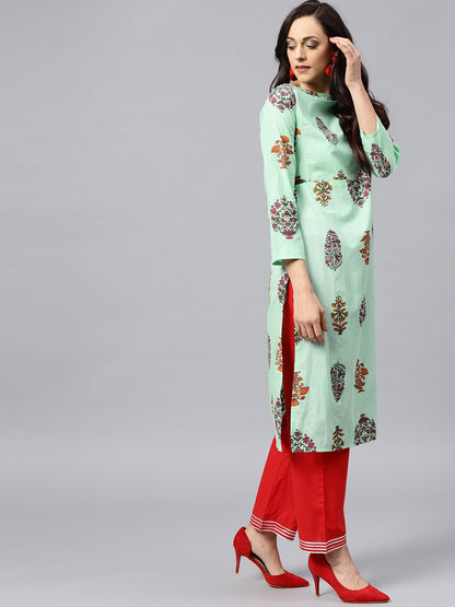 Green Printed Kurta With Boat Neck And Full Sleeves | LASVINI - Redefining Indian Fashion with Elegance